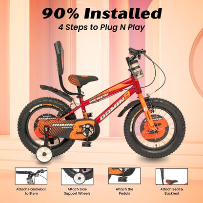 VESCO Domin8 16T Kids Bicycle with Training Wheels & Backrest | Single Speed Cycle for Boys & Girls Age 4 - 6 Years (Orange) - Vesco Cycles