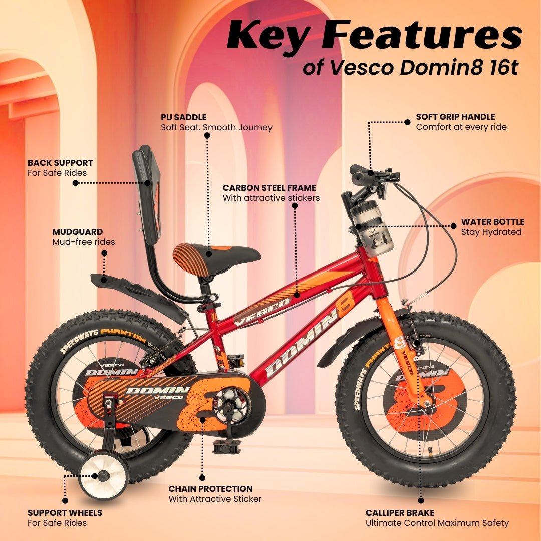 VESCO Domin8 16T Kids Bicycle with Training Wheels & Backrest | Single Speed Cycle for Boys & Girls Age 4 - 6 Years (Orange) - Vesco Cycles