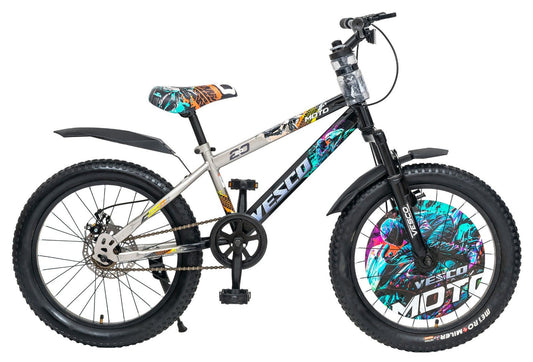 VESCO Moto 20T Premium Kids Cycle with Front Suspension & Dual Disc Brakes | Tube Tyre | 6 - 9 Years Boys & Girls Bicycle (White) - Vesco Cycles