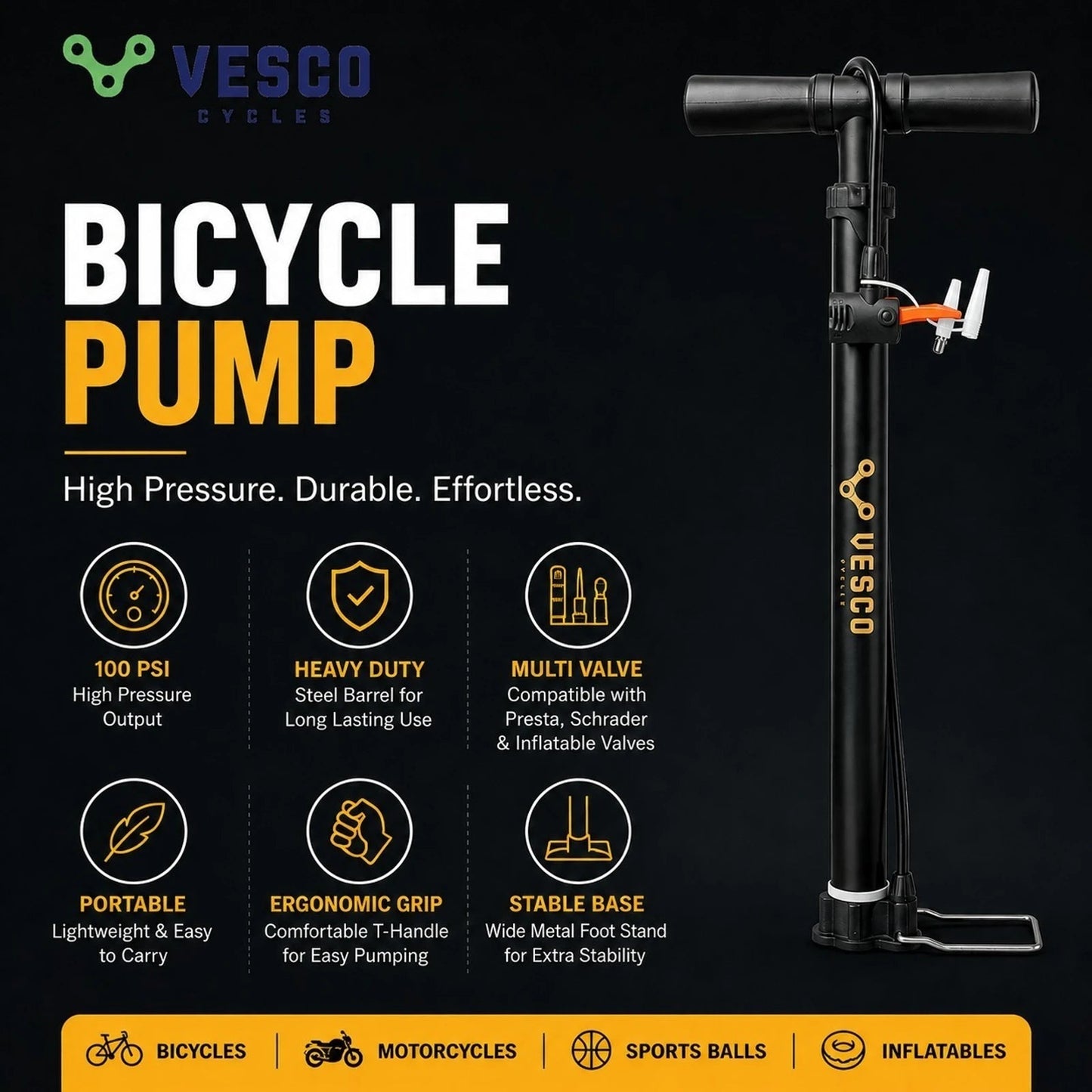 VESCO Portable Bicycle Pump with Needle & Nozzle Set | High Pressure Cycle Pump Basketball Pump, Bicycle, Football Pump, Volleyball Pump - Vesco Cycles