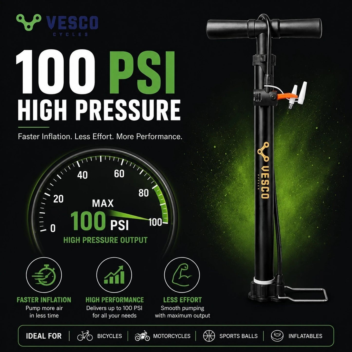 VESCO Portable Bicycle Pump with Needle & Nozzle Set | High Pressure Cycle Pump Basketball Pump, Bicycle, Football Pump, Volleyball Pump - Vesco Cycles