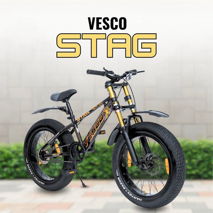 VESCO STAG 20T Fat Tyre Cycle for Kids Boys & Girls | Single Speed | Dual Disc Brake | Dual Crown Suspension | Ideal for 8–10 Years (Brown) - Vesco Cycles