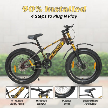 VESCO STAG 20T Fat Tyre Cycle for Kids Boys & Girls | Single Speed | Dual Disc Brake | Dual Crown Suspension | Ideal for 8–10 Years (Brown) - Vesco Cycles