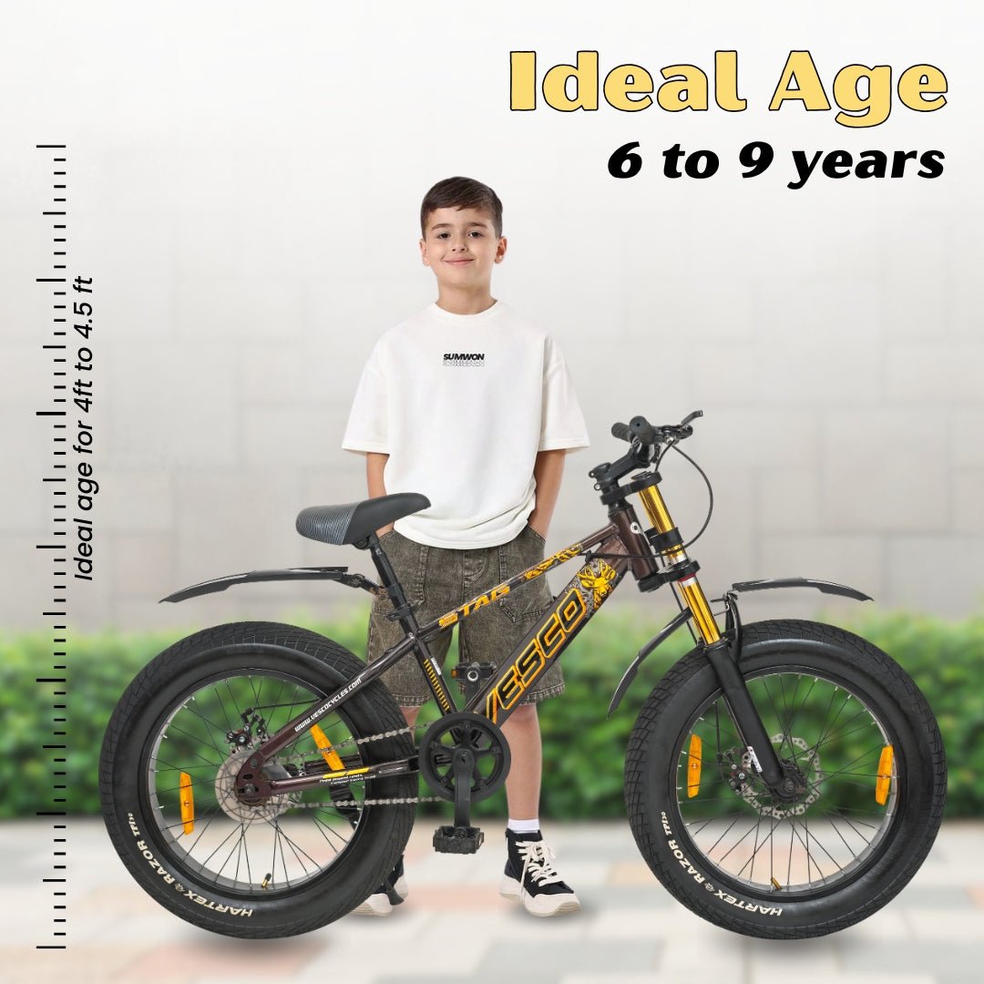 VESCO STAG 20T Fat Tyre Cycle for Kids Boys & Girls | Single Speed | Dual Disc Brake | Dual Crown Suspension | Ideal for 8–10 Years (Brown) - Vesco Cycles