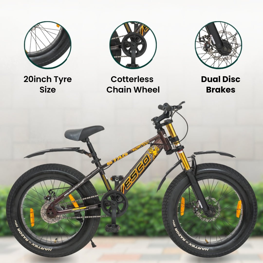 VESCO STAG 20T Fat Tyre Cycle for Kids Boys & Girls | Single Speed | Dual Disc Brake | Dual Crown Suspension | Ideal for 8–10 Years (Brown) - Vesco Cycles