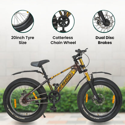 VESCO STAG 20T Fat Tyre Cycle for Kids Boys & Girls | Single Speed | Dual Disc Brake | Dual Crown Suspension | Ideal for 8–10 Years (Brown) - Vesco Cycles