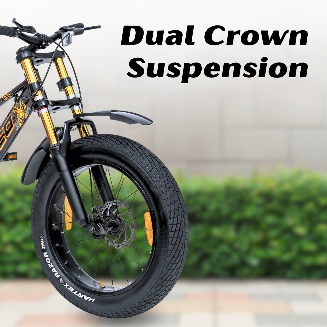 VESCO STAG 20T Fat Tyre Cycle for Kids Boys & Girls | Single Speed | Dual Disc Brake | Dual Crown Suspension | Ideal for 8–10 Years (Brown) - Vesco Cycles