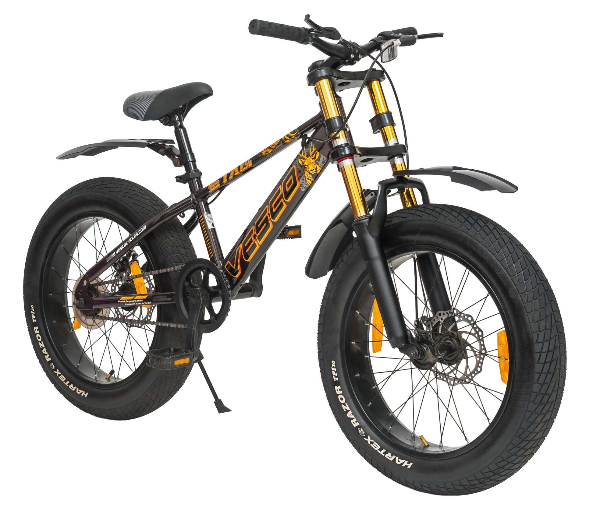 VESCO STAG 20T Fat Tyre Cycle for Kids Boys & Girls | Single Speed | Dual Disc Brake | Dual Crown Suspension | Ideal for 8–10 Years (Brown) - Vesco Cycles
