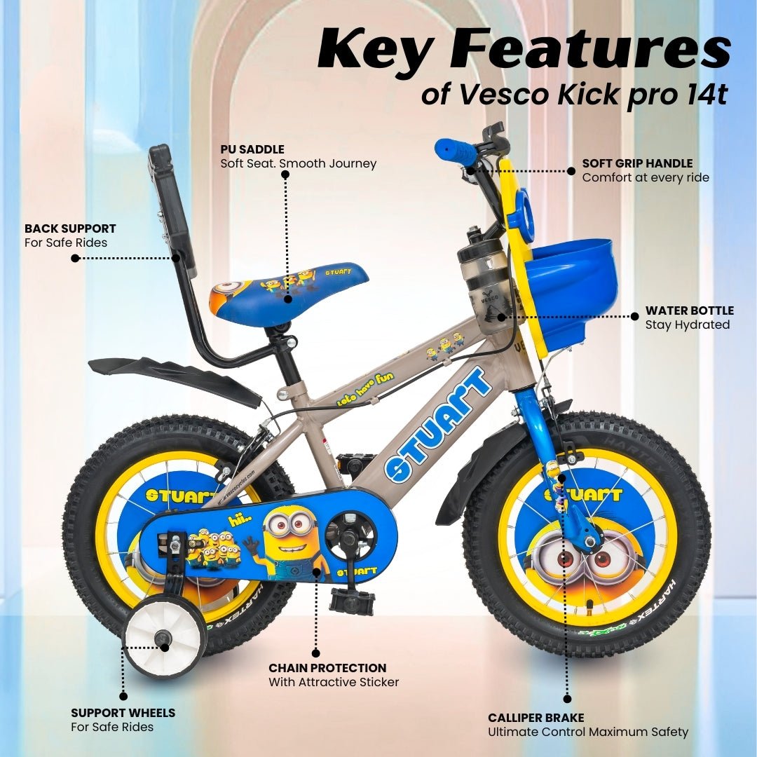 VESCO Stuart 14T Kids Bicycle with Training Wheels & Backrest | Single Speed Cycle for Boys & Girls Age 2 - 5 Years (Mocha Brown) - Vesco Cycles