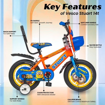 VESCO Stuart 14T Kids Bicycle with Training Wheels & Backrest | Single Speed Cycle for Boys & Girls Age 2 - 5 Years (Orange) - Vesco Cycles