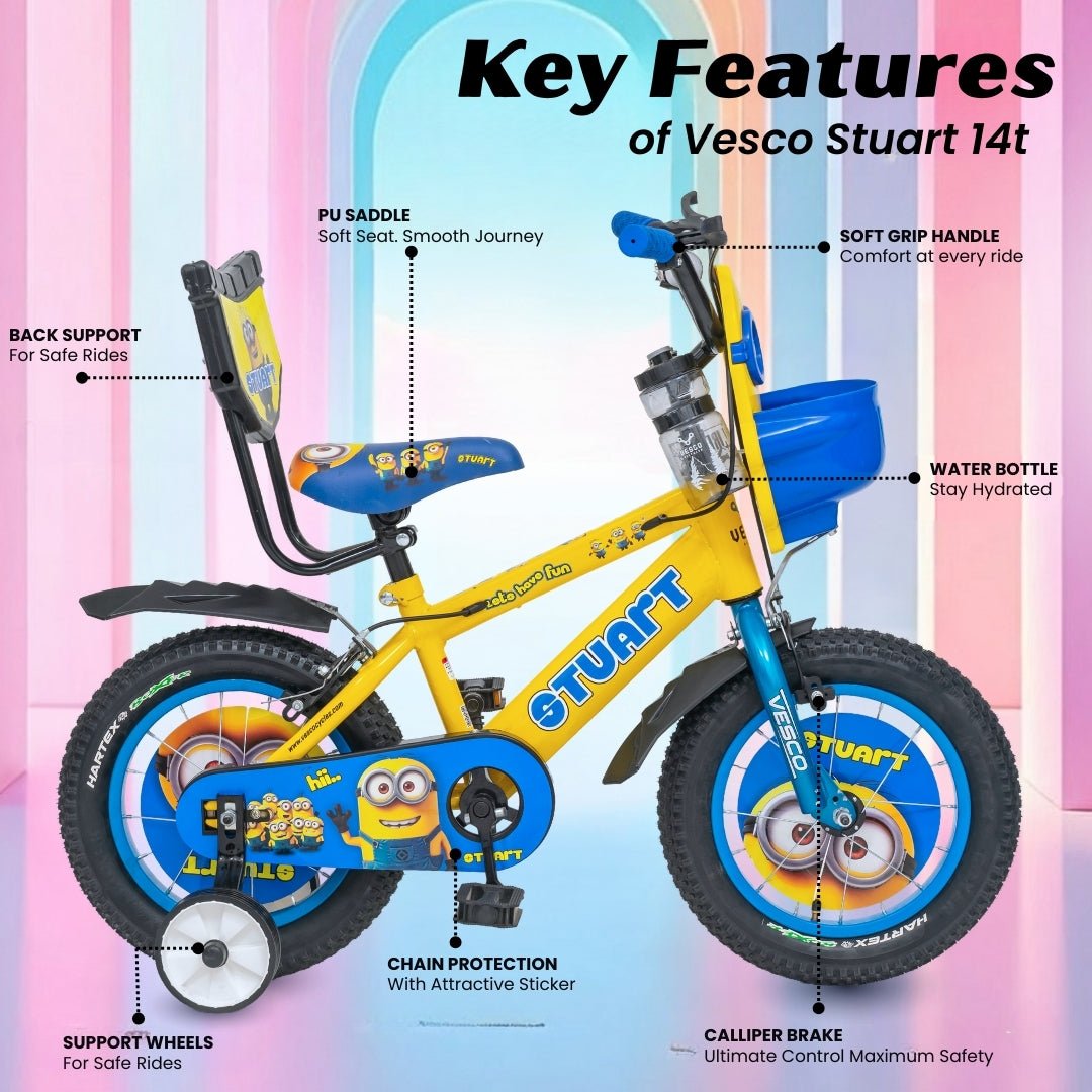 VESCO Stuart 14T Kids Bicycle with Training Wheels & Backrest | Single Speed Cycle for Boys & Girls Age 2 - 5 Years (Yellow) - Vesco Cycles