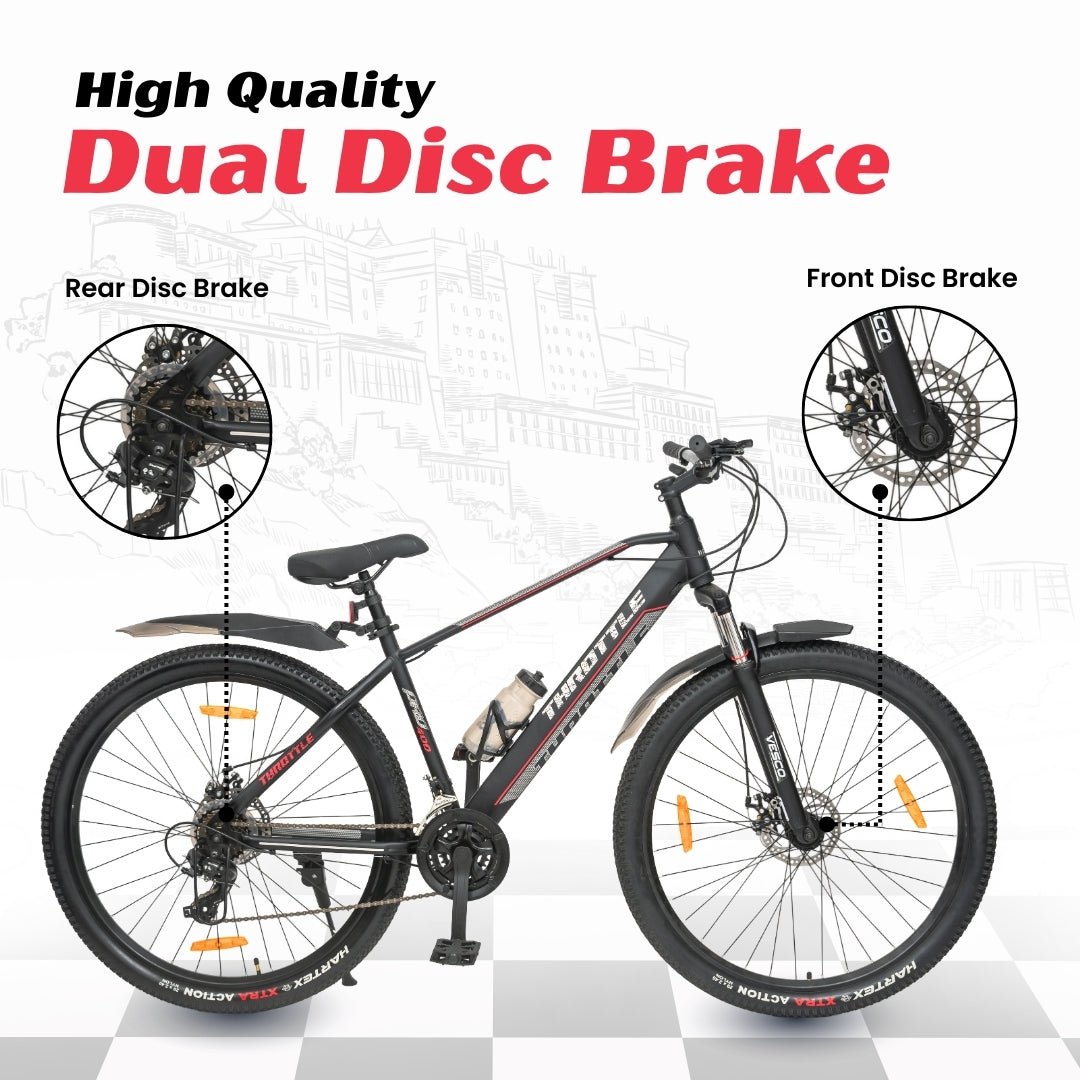 Vesco Throttle 29T MTB 21 Speed Mountain Bicycle for men | Dual Disc Brake | Front Suspension (Black) - Vesco Cycles