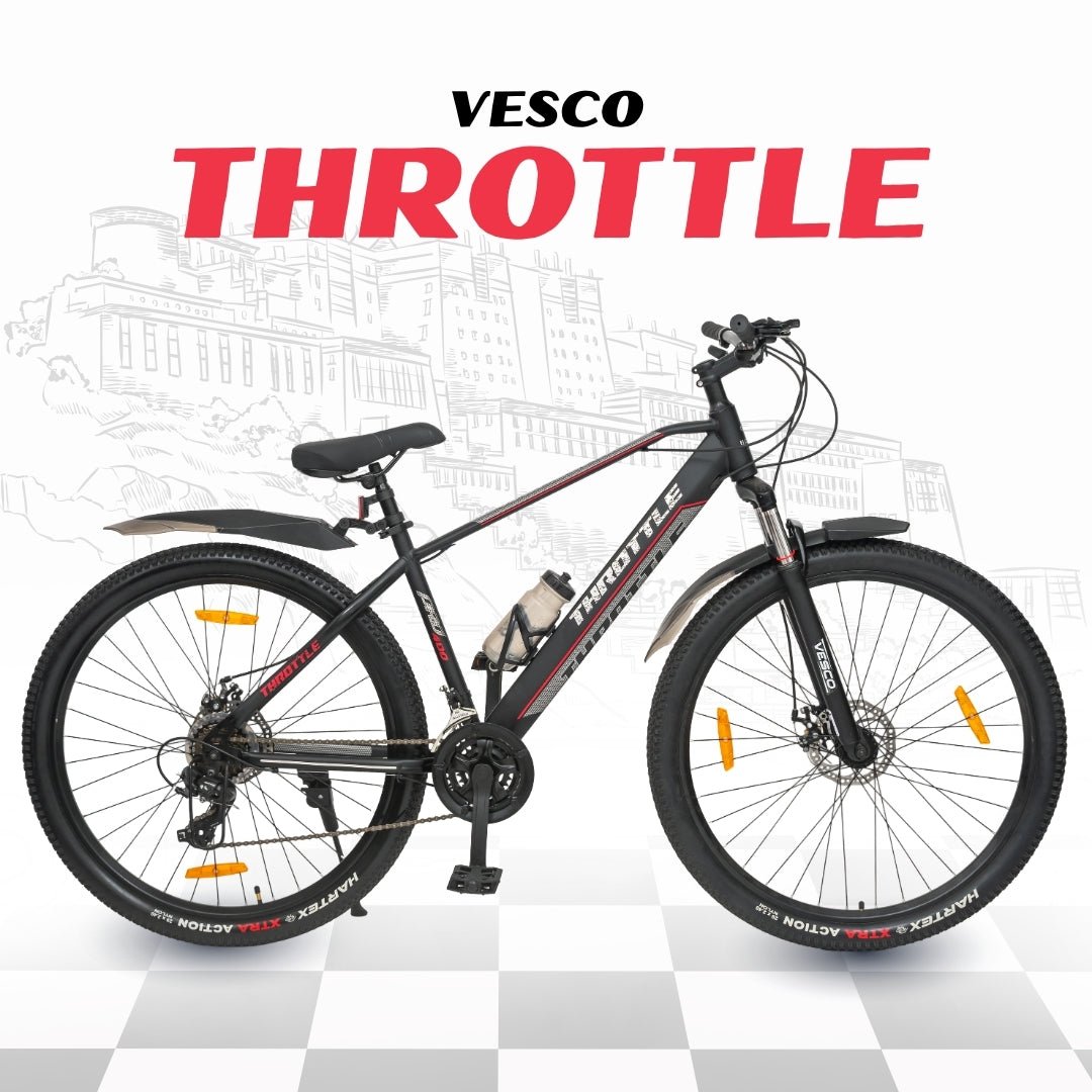 Vesco Throttle 29T MTB 21 Speed Mountain Bicycle for men | Dual Disc Brake | Front Suspension (Black) - Vesco Cycles