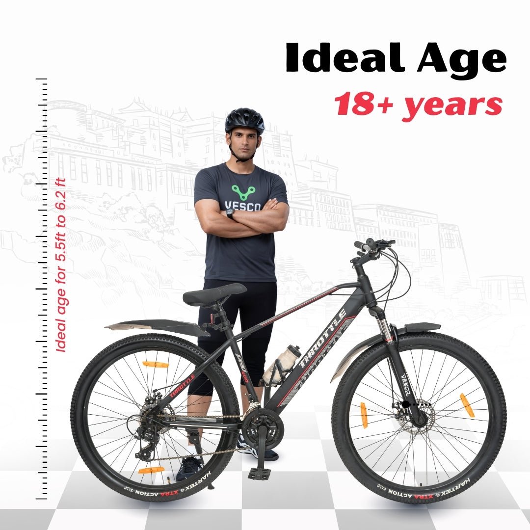 Vesco Throttle 29T MTB 21 Speed Mountain Bicycle for men | Dual Disc Brake | Front Suspension (Black) - Vesco Cycles