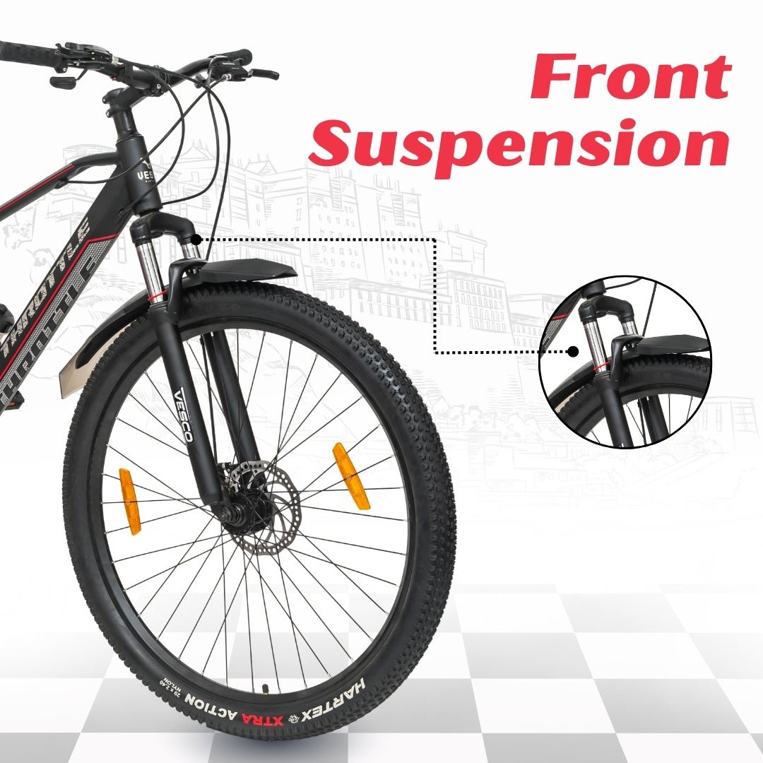 Vesco Throttle 29T MTB 21 Speed Mountain Bicycle for men | Dual Disc Brake | Front Suspension (Black) - Vesco Cycles