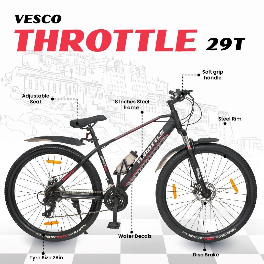 Vesco Throttle 29T MTB 21 Speed Mountain Bicycle for men | Dual Disc Brake | Front Suspension (Black) - Vesco Cycles