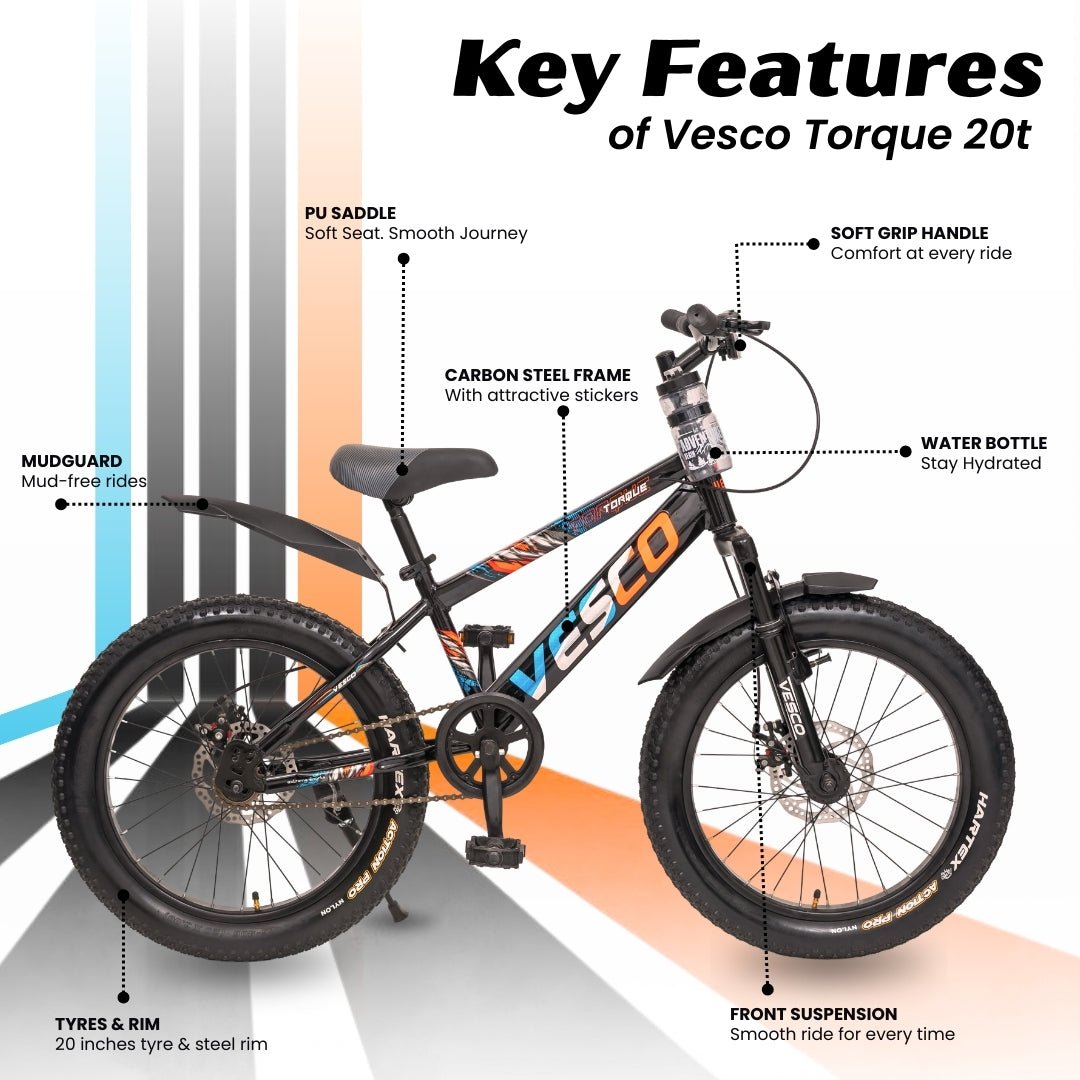 VESCO Torque 20T Premium Kids Cycle with Front Suspension & Dual Disc Brakes | 20x3 Semi - Fat Tyre | 6 - 9 Years Boys & Girls Bicycle (Black) - Vesco Cycles