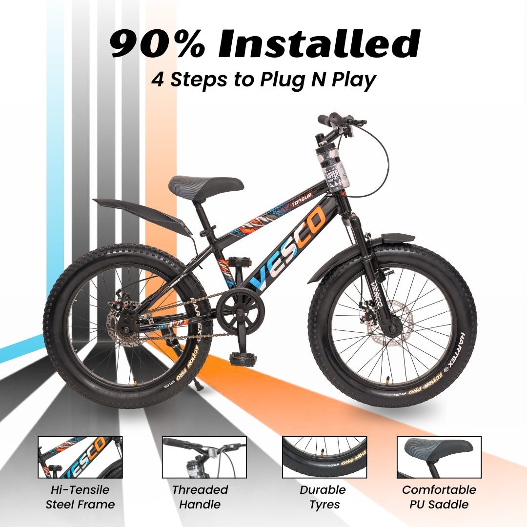 VESCO Torque 20T Premium Kids Cycle with Front Suspension & Dual Disc Brakes | 20x3 Semi - Fat Tyre | 6 - 9 Years Boys & Girls Bicycle (Black) - Vesco Cycles