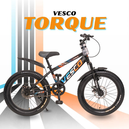 VESCO Torque 20T Premium Kids Cycle with Front Suspension & Dual Disc Brakes | 20x3 Semi - Fat Tyre | 6 - 9 Years Boys & Girls Bicycle (Black) - Vesco Cycles