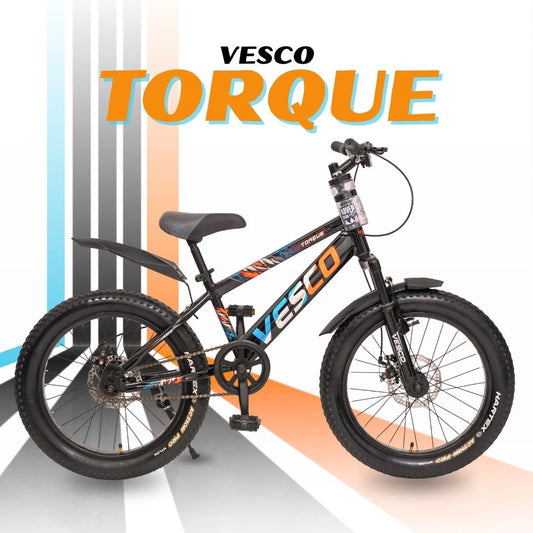 VESCO Torque 20T Premium Kids Cycle with Front Suspension & Dual Disc Brakes | 20x3 Semi - Fat Tyre | 6 - 9 Years Boys & Girls Bicycle (Black) - Vesco Cycles