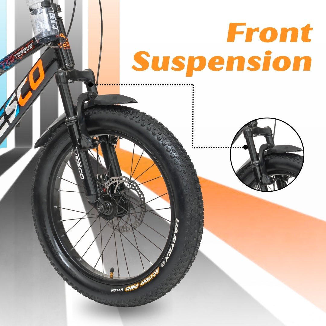 VESCO Torque 20T Premium Kids Cycle with Front Suspension & Dual Disc Brakes | 20x3 Semi - Fat Tyre | 6 - 9 Years Boys & Girls Bicycle (Black) - Vesco Cycles