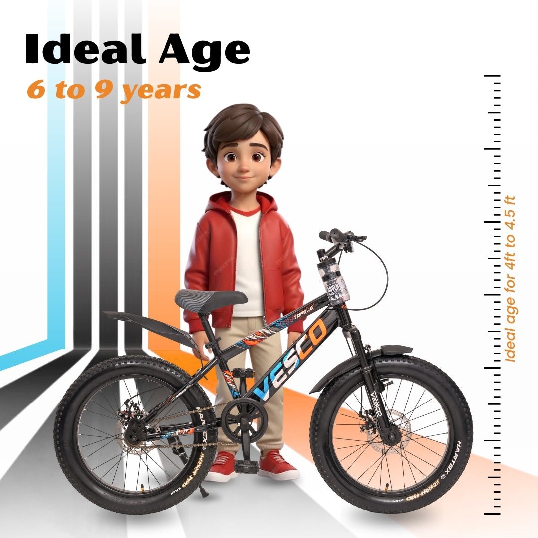 VESCO Torque 20T Premium Kids Cycle with Front Suspension & Dual Disc Brakes | 20x3 Semi - Fat Tyre | 6 - 9 Years Boys & Girls Bicycle (Black) - Vesco Cycles