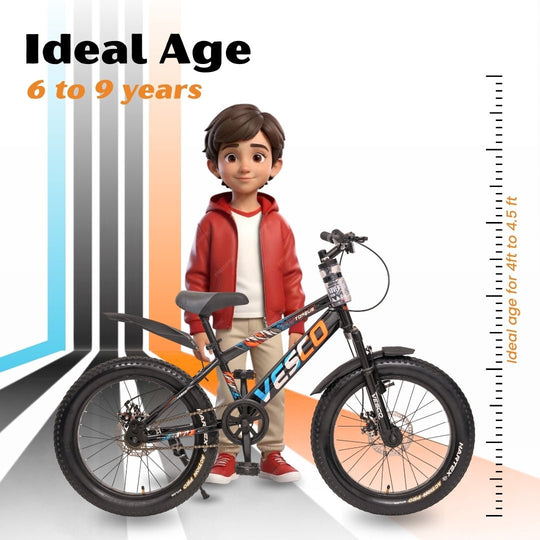 VESCO Torque 20T Premium Kids Cycle with Front Suspension & Dual Disc Brakes | 20x3 Semi - Fat Tyre | 6 - 9 Years Boys & Girls Bicycle (Black) - Vesco Cycles