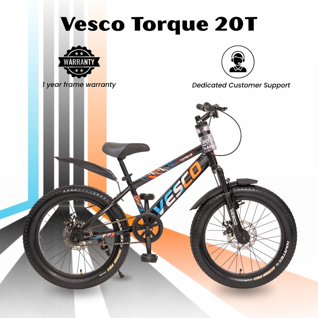 VESCO Torque 20T Premium Kids Cycle with Front Suspension & Dual Disc Brakes | 20x3 Semi - Fat Tyre | 6 - 9 Years Boys & Girls Bicycle (Black) - Vesco Cycles