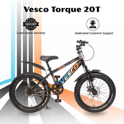 VESCO Torque 20T Premium Kids Cycle with Front Suspension & Dual Disc Brakes | 20x3 Semi - Fat Tyre | 6 - 9 Years Boys & Girls Bicycle (Black) - Vesco Cycles