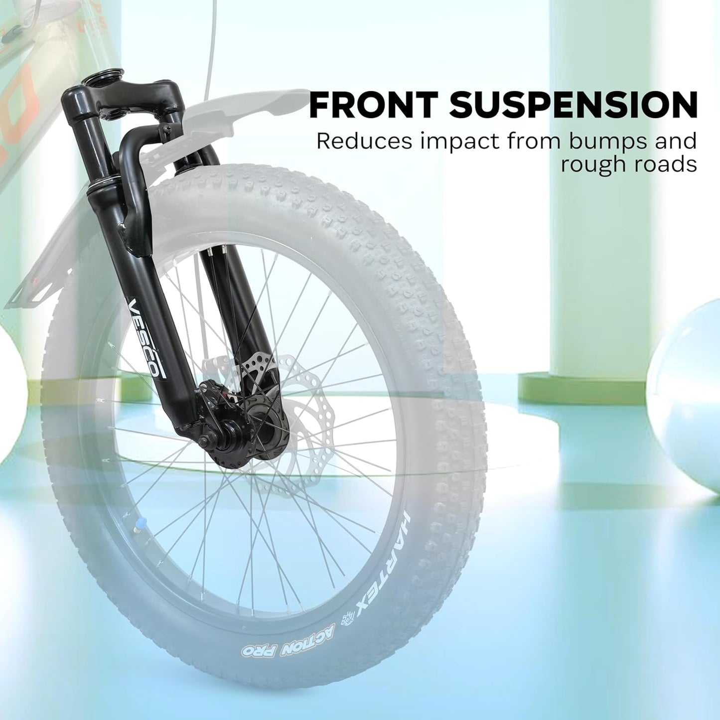 VESCO Torque 20T Premium Kids Cycle with Front Suspension & Dual Disc Brakes | 20x3 Semi - Fat Tyre | 6 - 9 Years Boys & Girls Bicycle (Green) - Vesco Cycles