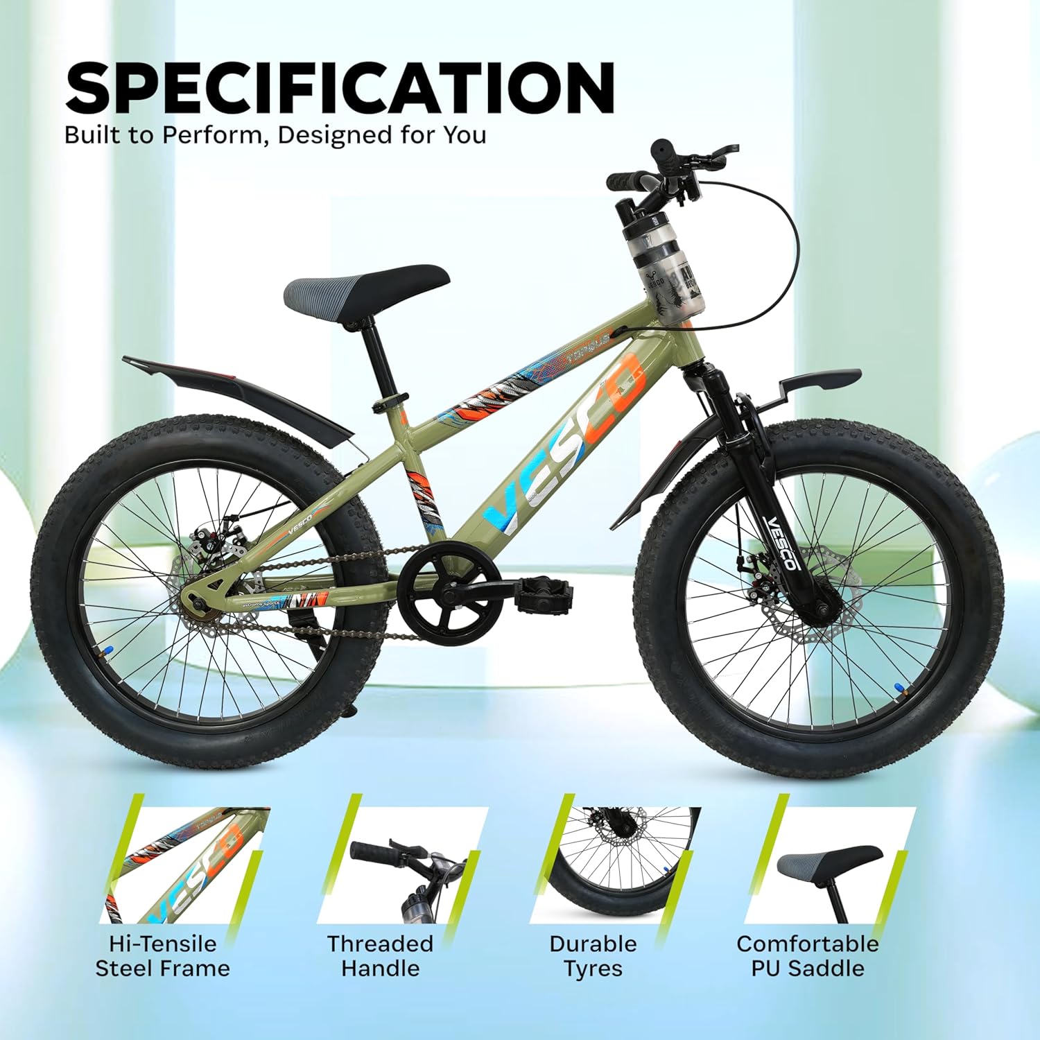 VESCO Torque 20T Premium Kids Cycle with Front Suspension & Dual Disc Brakes | 20x3 Semi - Fat Tyre | 6 - 9 Years Boys & Girls Bicycle (Green) - Vesco Cycles