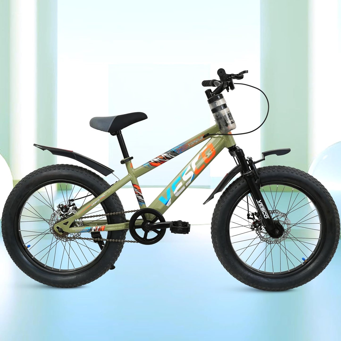 VESCO Torque 20T Premium Kids Cycle with Front Suspension & Dual Disc Brakes | 20x3 Semi - Fat Tyre | 6 - 9 Years Boys & Girls Bicycle (Green) - Vesco Cycles
