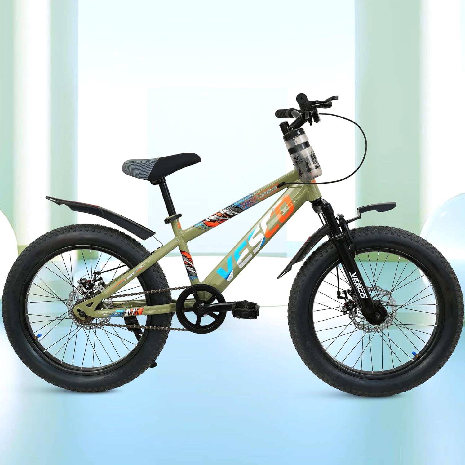 VESCO Torque 20T Premium Kids Cycle with Front Suspension & Dual Disc Brakes | 20x3 Semi - Fat Tyre | 6 - 9 Years Boys & Girls Bicycle (Green) - Vesco Cycles