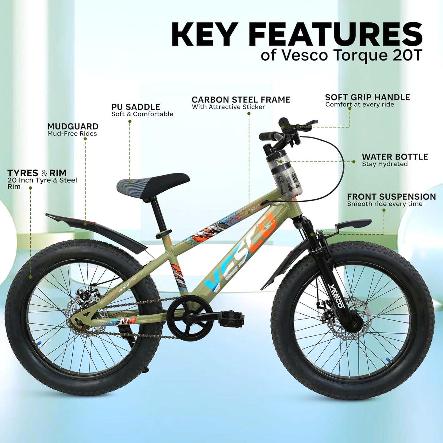 VESCO Torque 20T Premium Kids Cycle with Front Suspension & Dual Disc Brakes | 20x3 Semi - Fat Tyre | 6 - 9 Years Boys & Girls Bicycle (Green) - Vesco Cycles