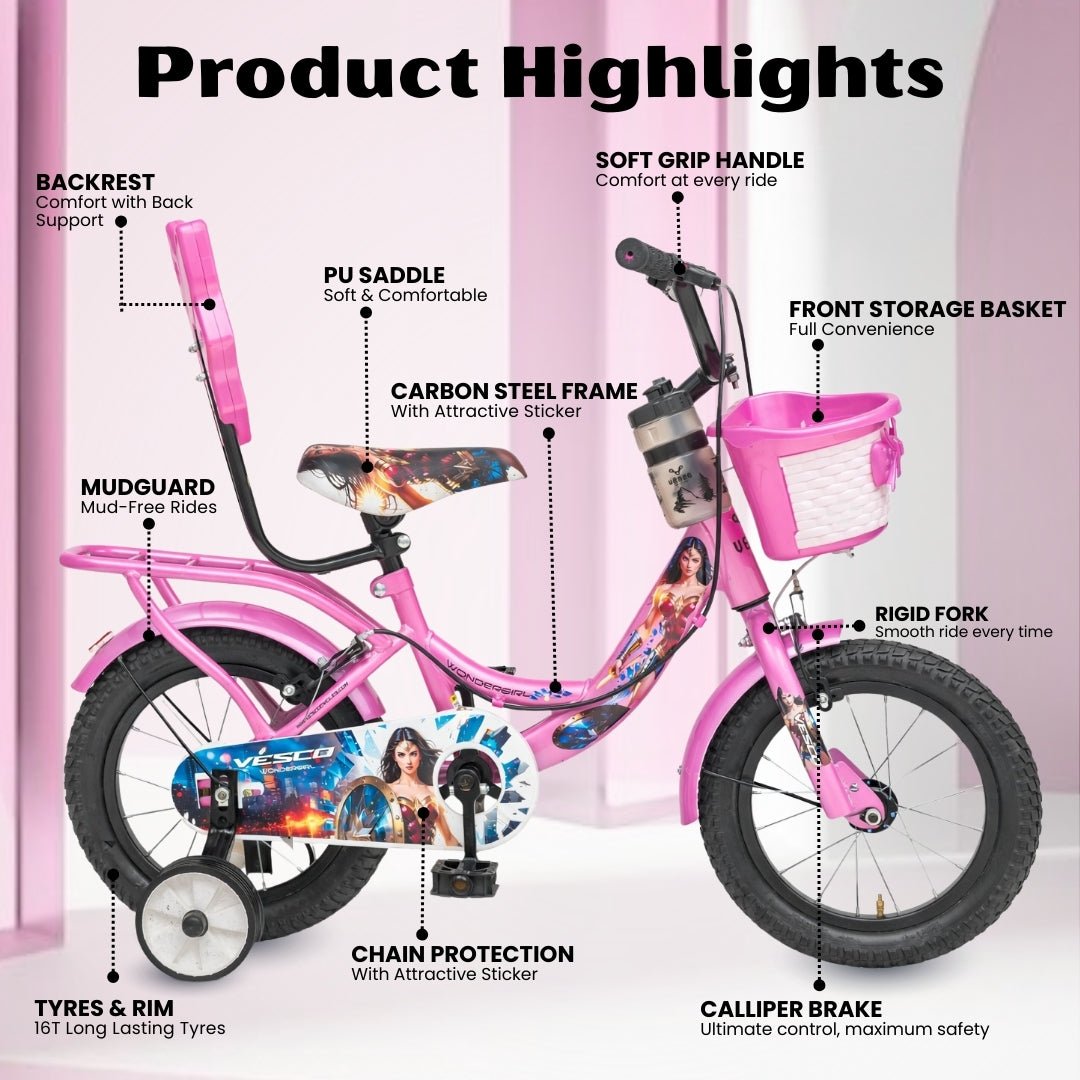 Vesco Wondergirl 16T Girls Cycle (4–6 Years) - Pink - Vesco Cycles