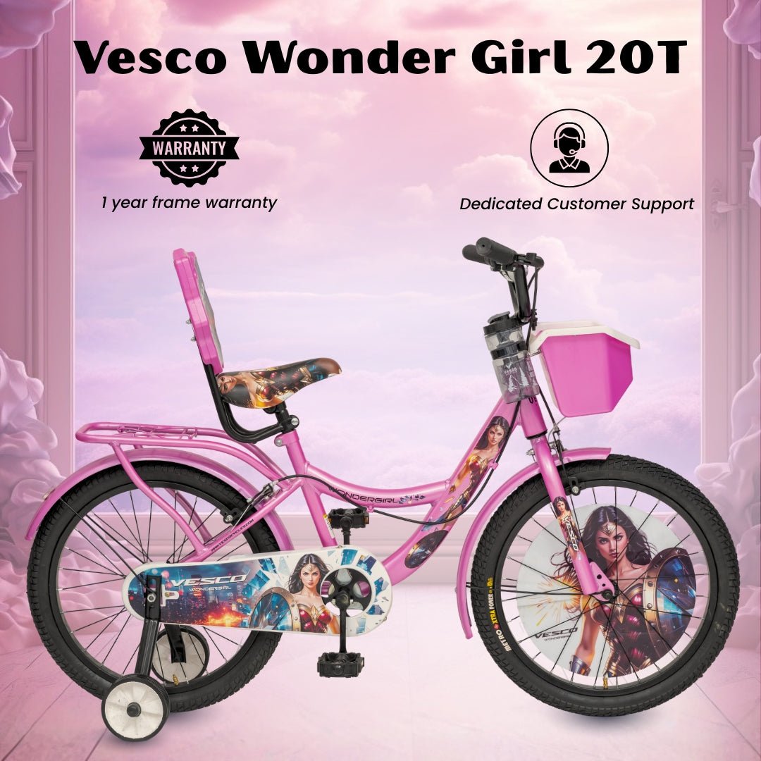 VESCO WonderGirl 20T Girls Cycle for 7–9 Years | Support Wheels | Basket | Pink - Vesco Cycles