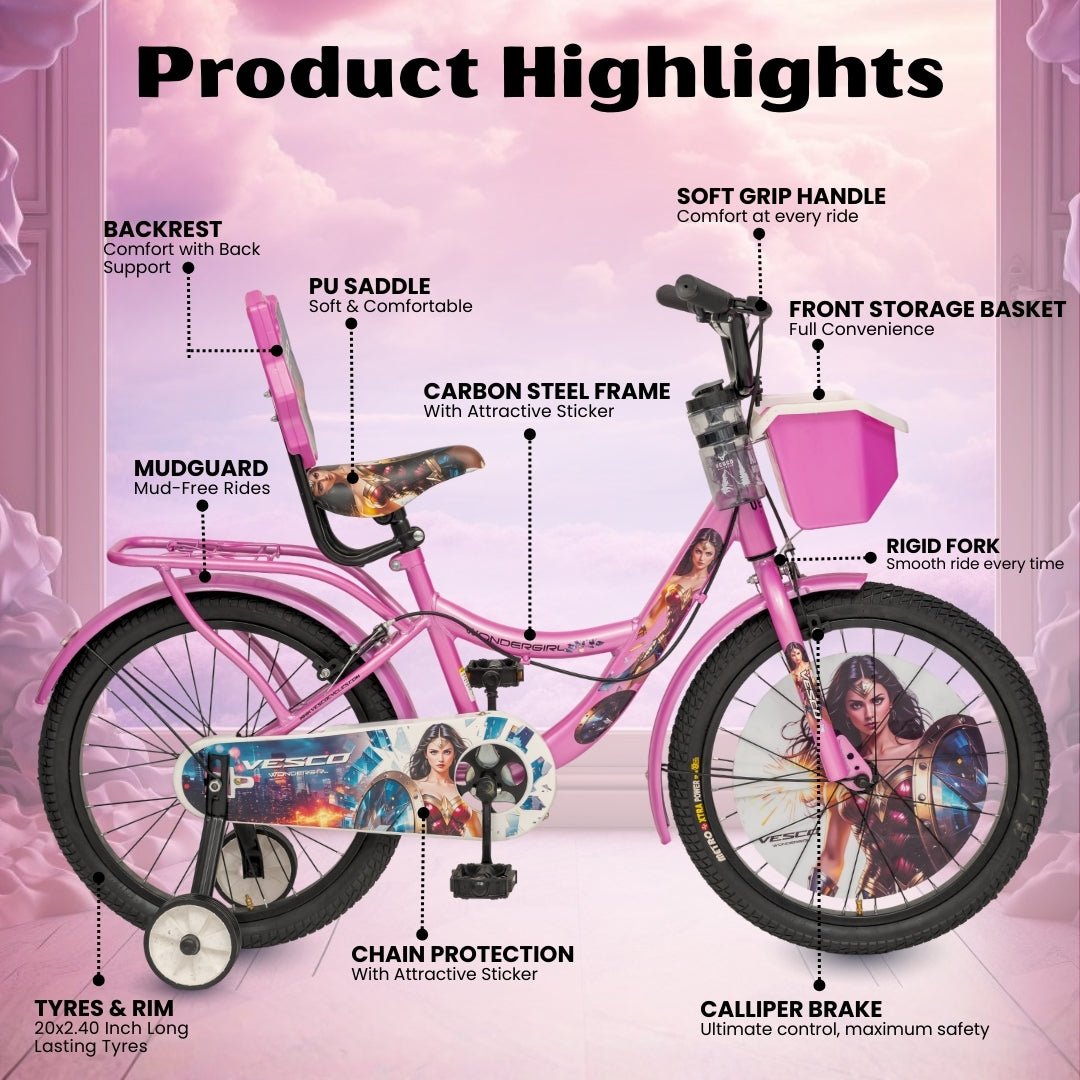 VESCO WonderGirl 20T Girls Cycle for 7–9 Years | Support Wheels | Basket | Pink - Vesco Cycles