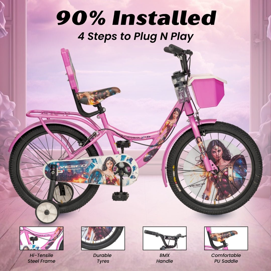 VESCO WonderGirl 20T Girls Cycle for 7–9 Years | Support Wheels | Basket | Pink - Vesco Cycles