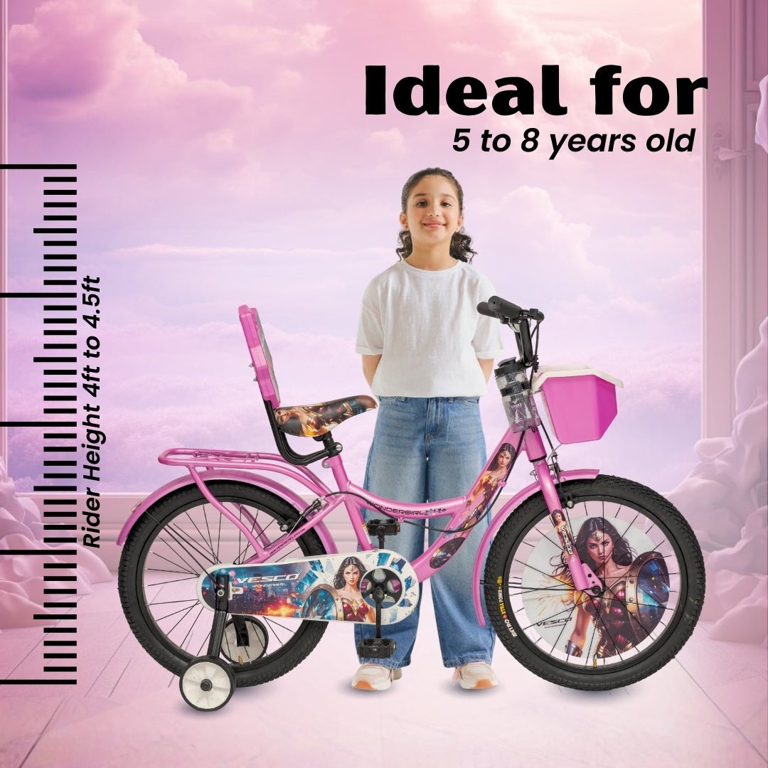 VESCO WonderGirl 20T Girls Cycle for 7–9 Years | Support Wheels | Basket | Pink - Vesco Cycles