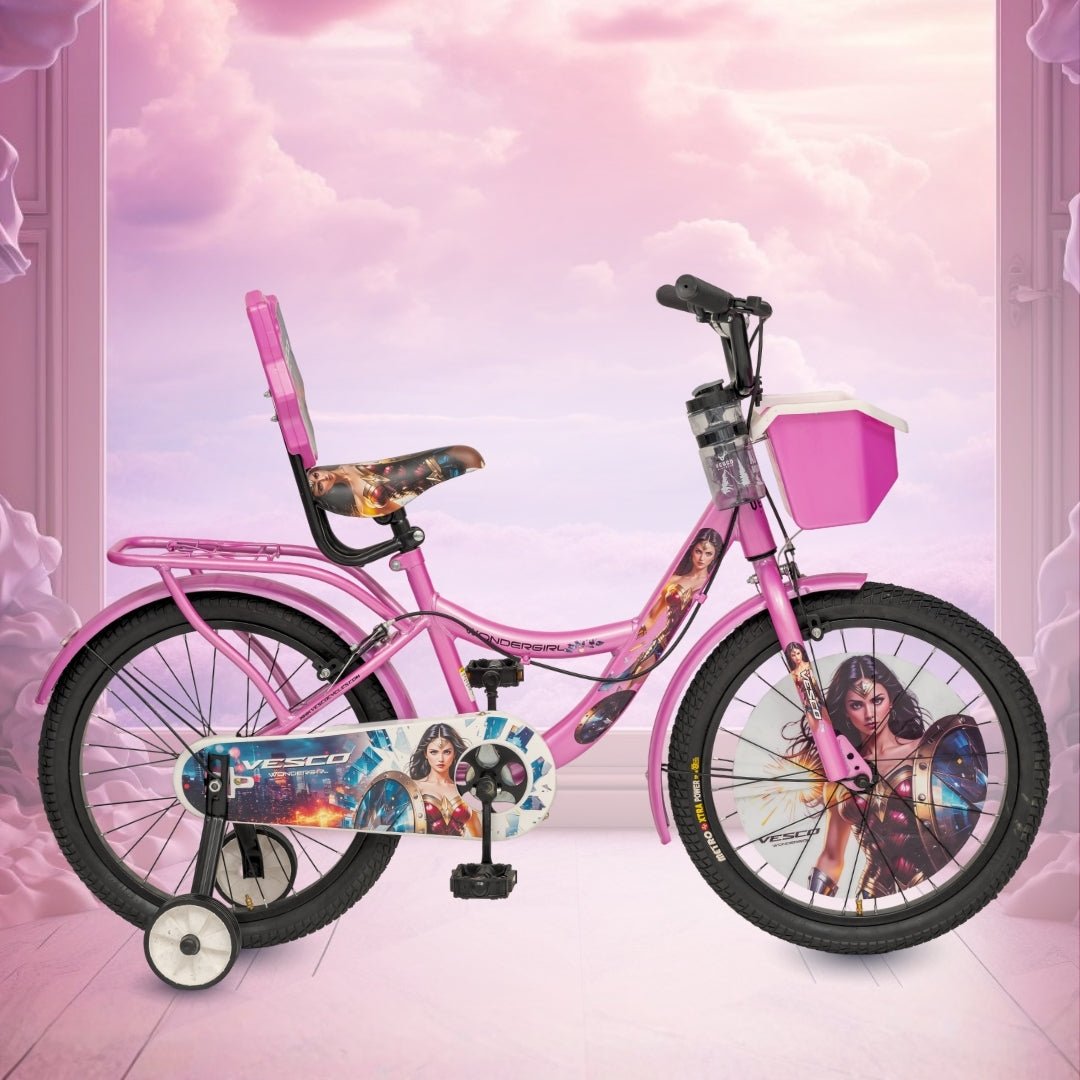 VESCO WonderGirl 20T Girls Cycle for 7–9 Years | Support Wheels | Basket | Pink - Vesco Cycles