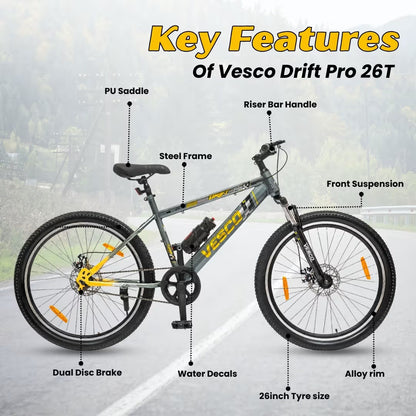 VESCO DRIFT PRO 26T Cycle for Men | Suspension | Alloy Rim | Disc Brakes| Grey