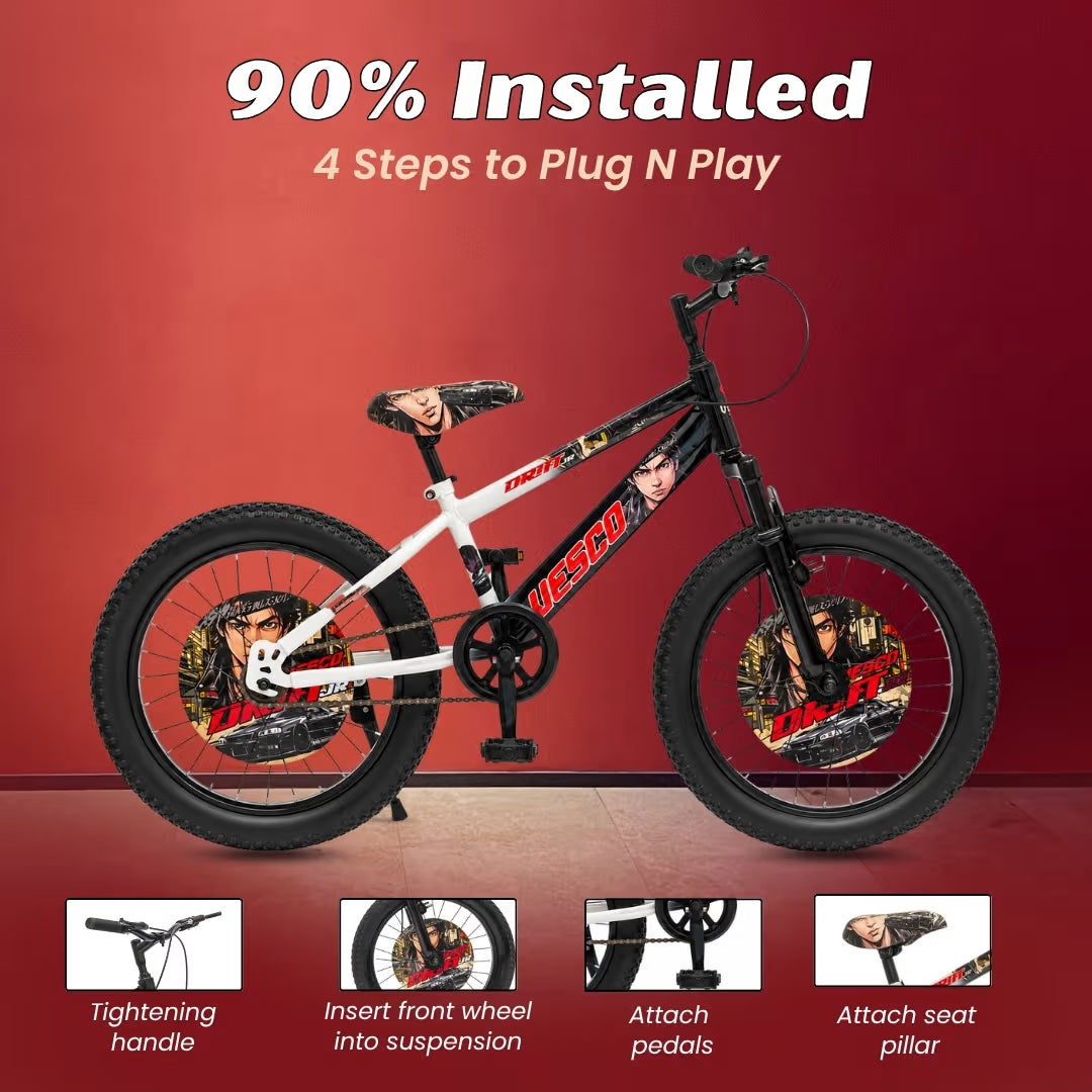 VESCO Drift Jr 20T Fat Tyre Kids Cycle for Boys, Front Suspension, Ideal for 6 to 9 Years | White