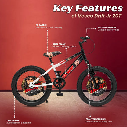 VESCO Drift Jr 20T Fat Tyre Kids Cycle for Boys, Front Suspension, Ideal for 6 to 9 Years | White
