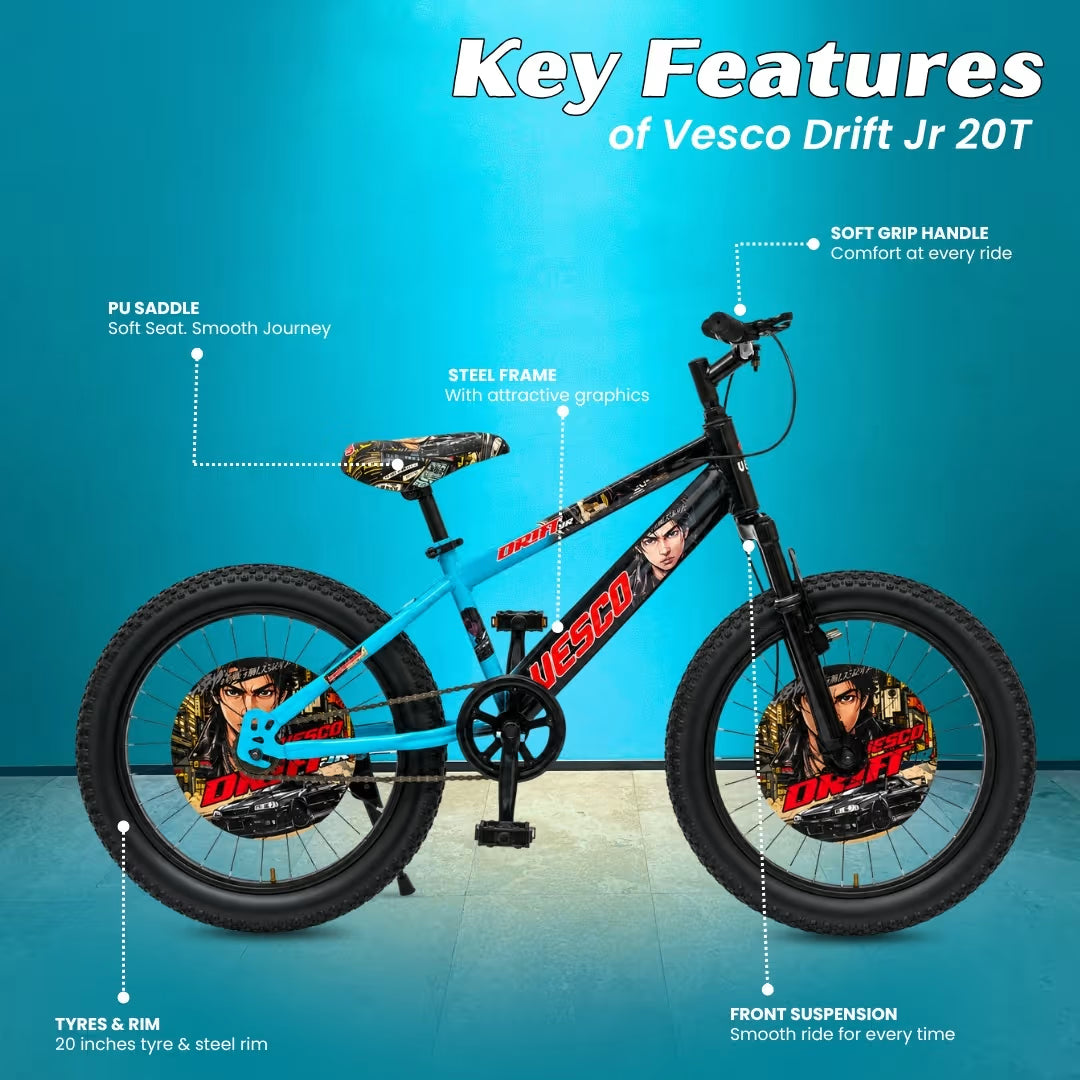 VESCO Drift Jr 20T Fat Tyre Kids Cycle for Boys, Front Suspension, Ideal for 6 to 9 Years| Blue