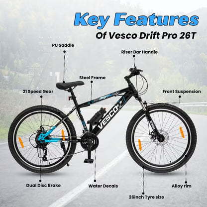 VESCO DRIFT PRO 26T 21 Gears Cycle for Men | Suspension | Alloy Rim | Disc Brakes