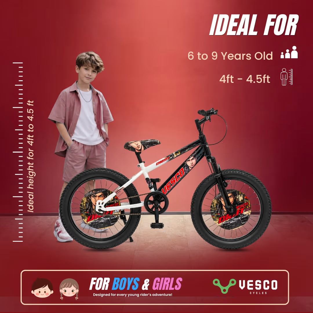 VESCO Drift Jr 20T Fat Tyre Kids Cycle for Boys, Front Suspension, Ideal for 6 to 9 Years | White